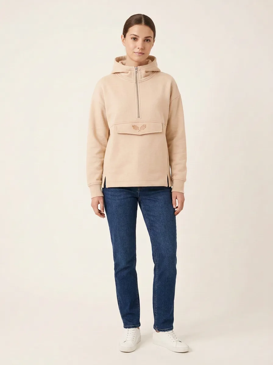 Women's Leaf-Embroidered Half-Zip Flap-Pocket Hoodie