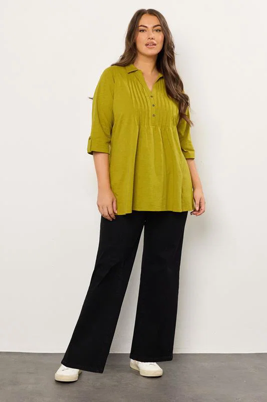 Green Pintuck Henley Top detail 1