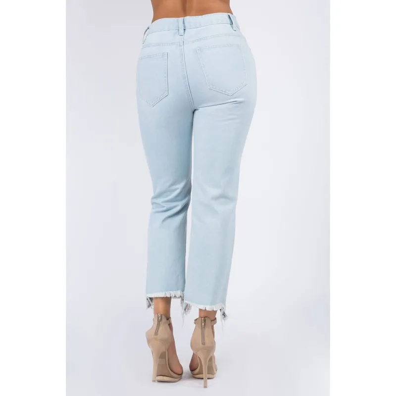 High-Waist Distressed Raw-Hem Jeans
