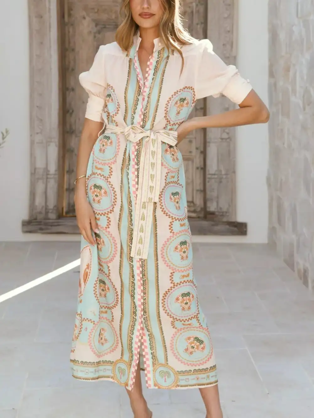 Puff Sleeve Tie Waist Midi Dress