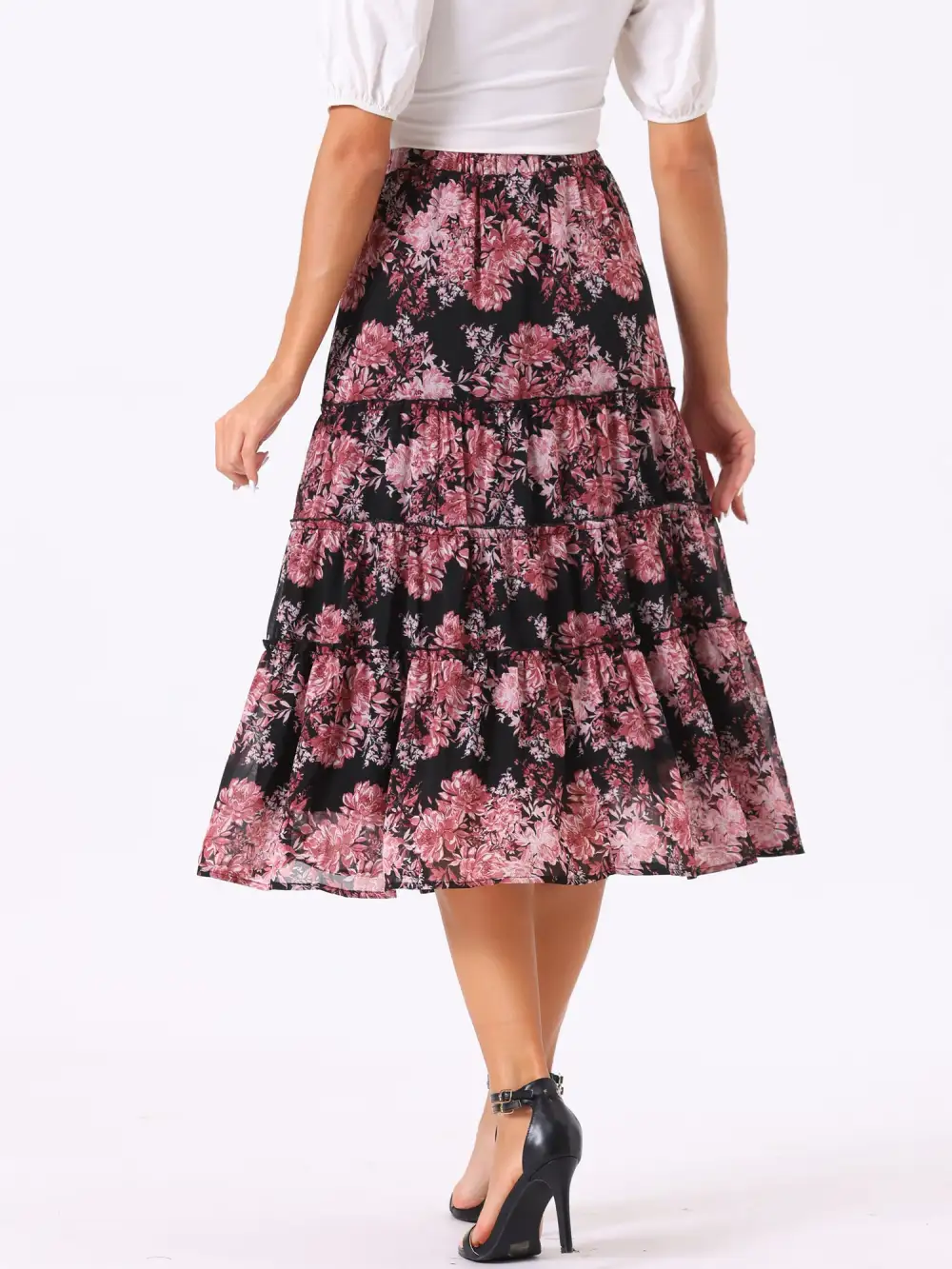 Chiffon Floral-Print Long Tiered Ruffle Boho Midi Skirt