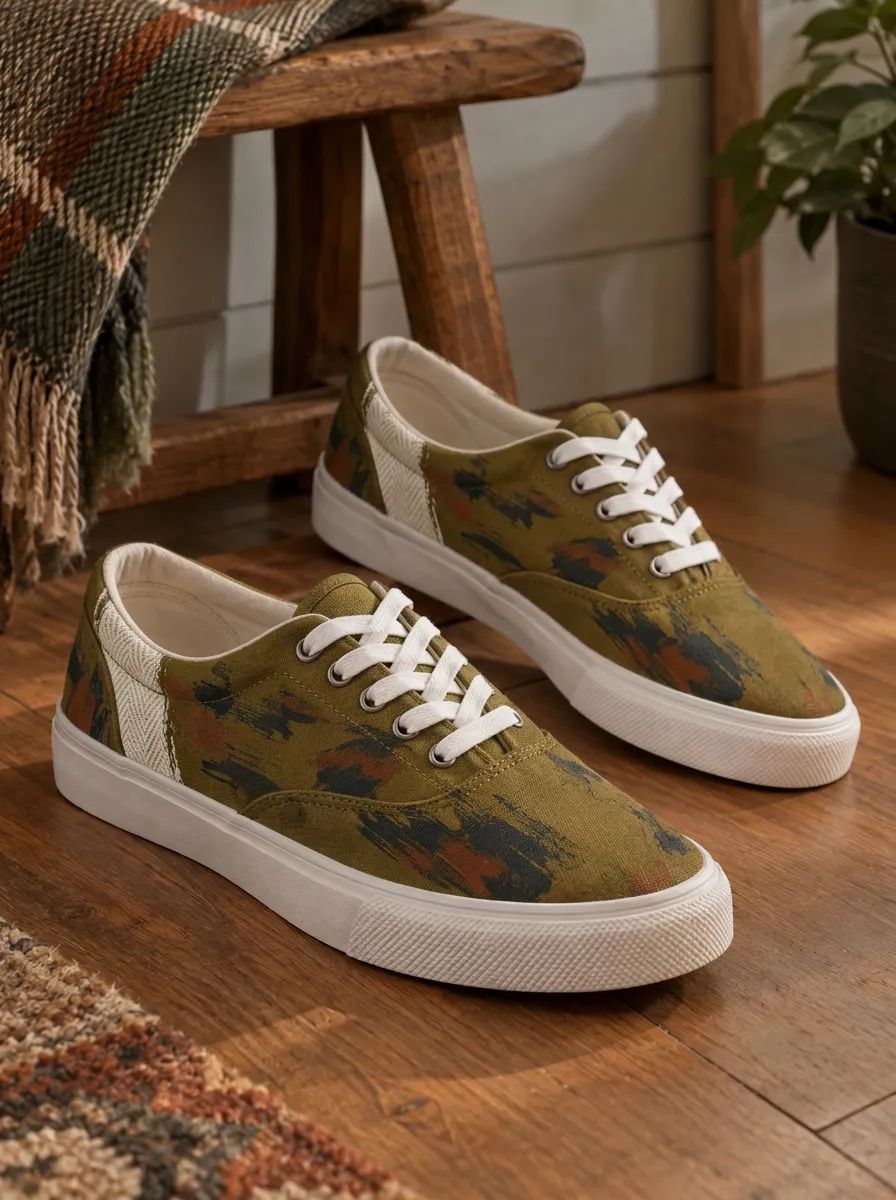 Men's Olive Camo Abstract Brushstroke Printed Canvas Shoes