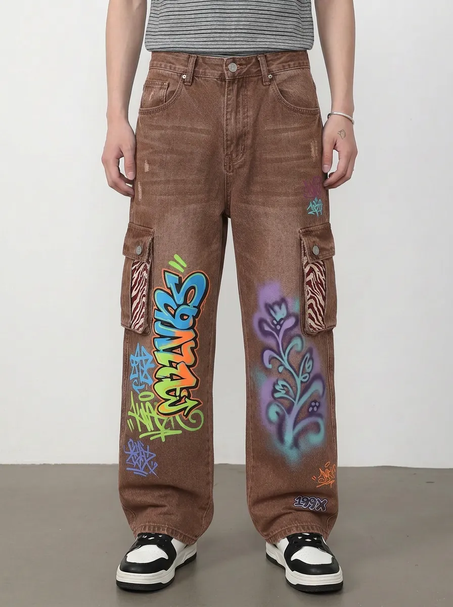 Men's Streetwear Graffiti Floral Urban Graphic Cargo Jeans