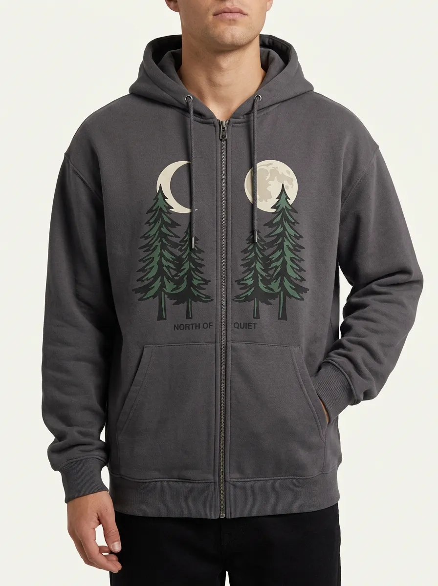 Men's Nature Lover Moon Pine Tree North of Quiet Printed Zip-up Hoodie