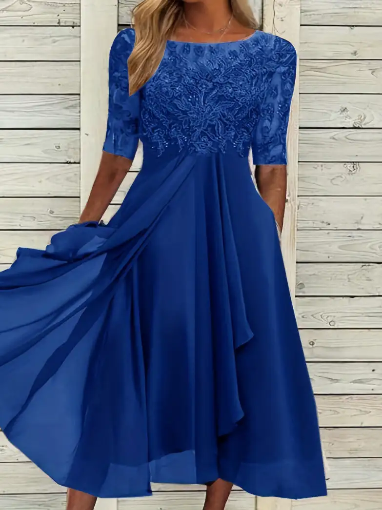 Women's A-Line Three-Quarter-Sleeve Lace Floral Midi Dress