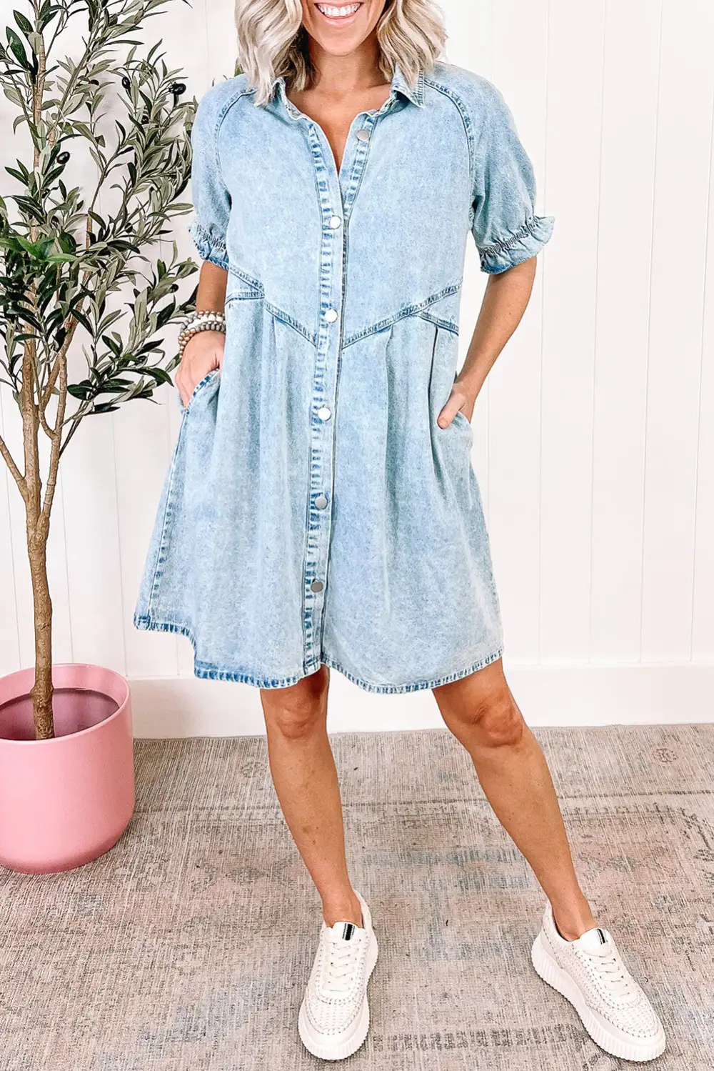 Beau Mineral Wash Ruffled Short Sleeve Buttoned Denim Dress