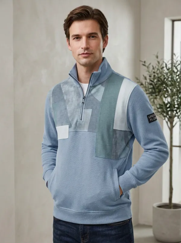 Outdoor-Inspired Half-Zip Geometric Patchwork Men's Half-Zip Sweatshirt