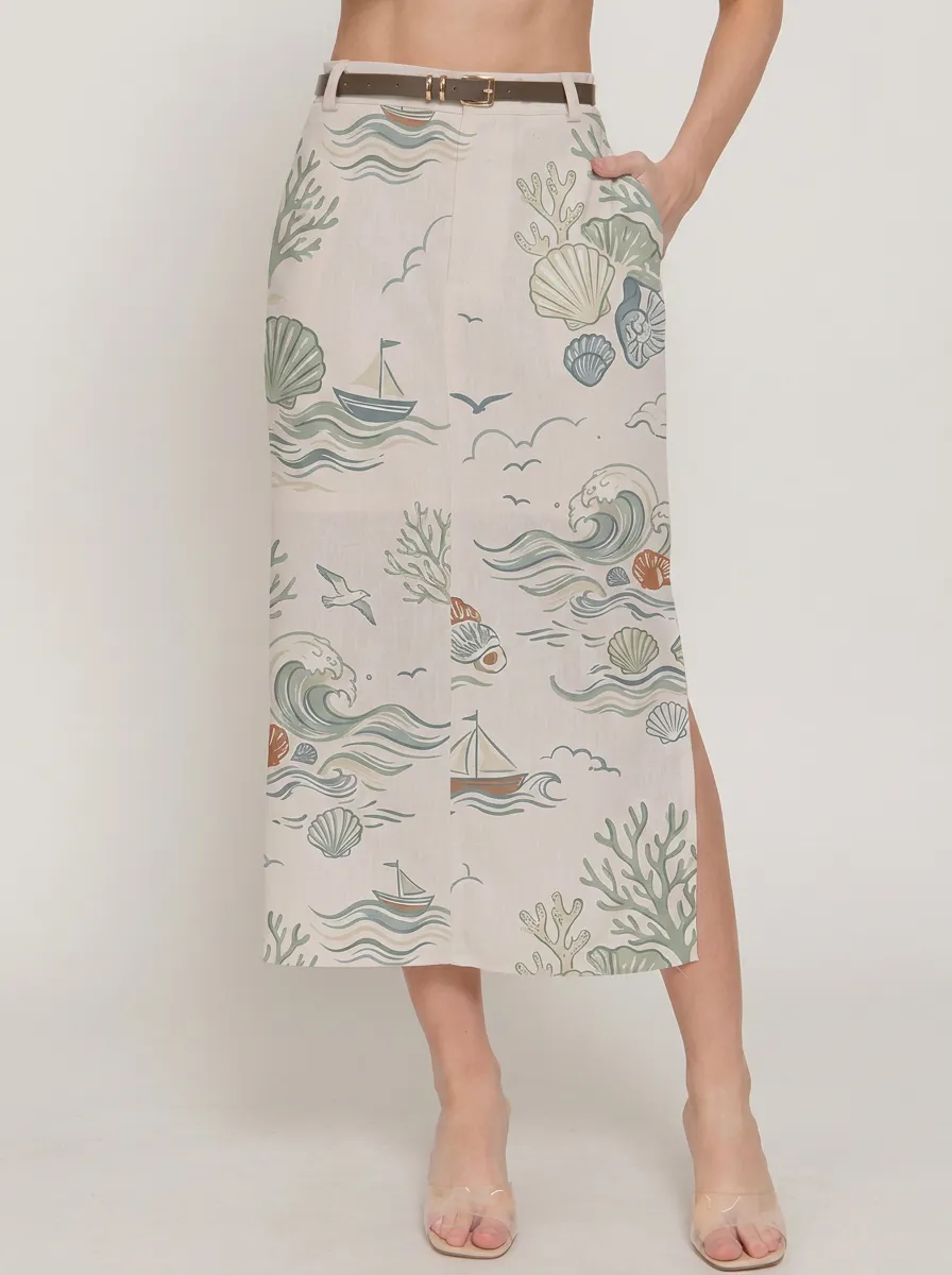 Women's Beach Lover Nautical Seashell Boat Printed Midi Skirt