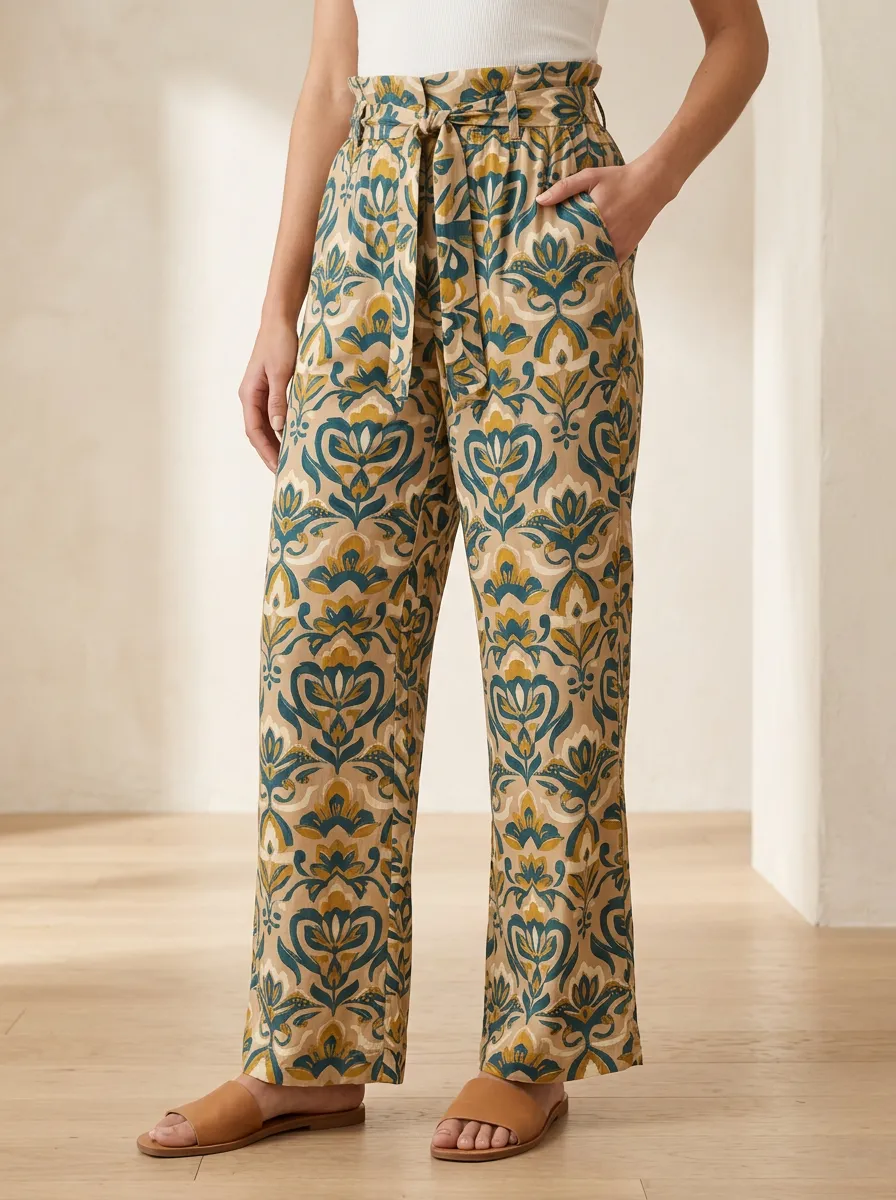 Women's Soft Pattern Floral Damask Printed Wide Leg Pants