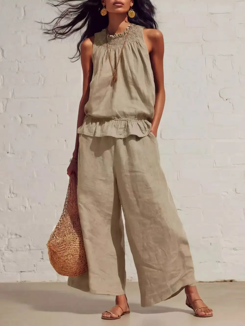 Smocked Ruffled Hem Top and Wide Leg Pants Set
