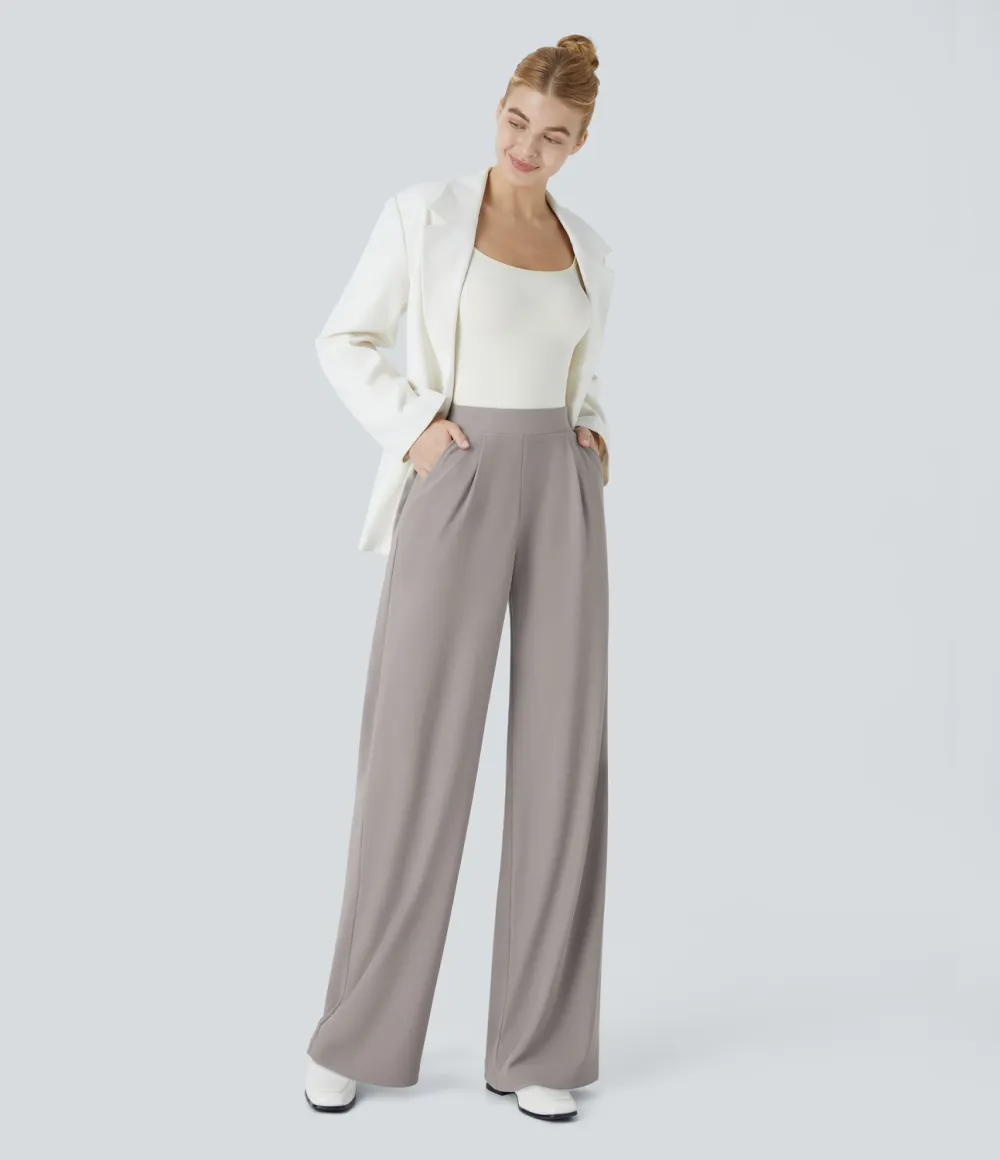  High Waisted Body Sculpt Waist-Slimming Side Pocket Wide Leg Micro Waffle Work Pants