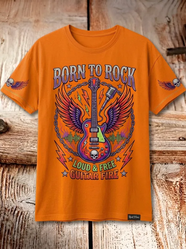 Unisex Rock Music Lover Winged Guitar Skull Printed T-shirt