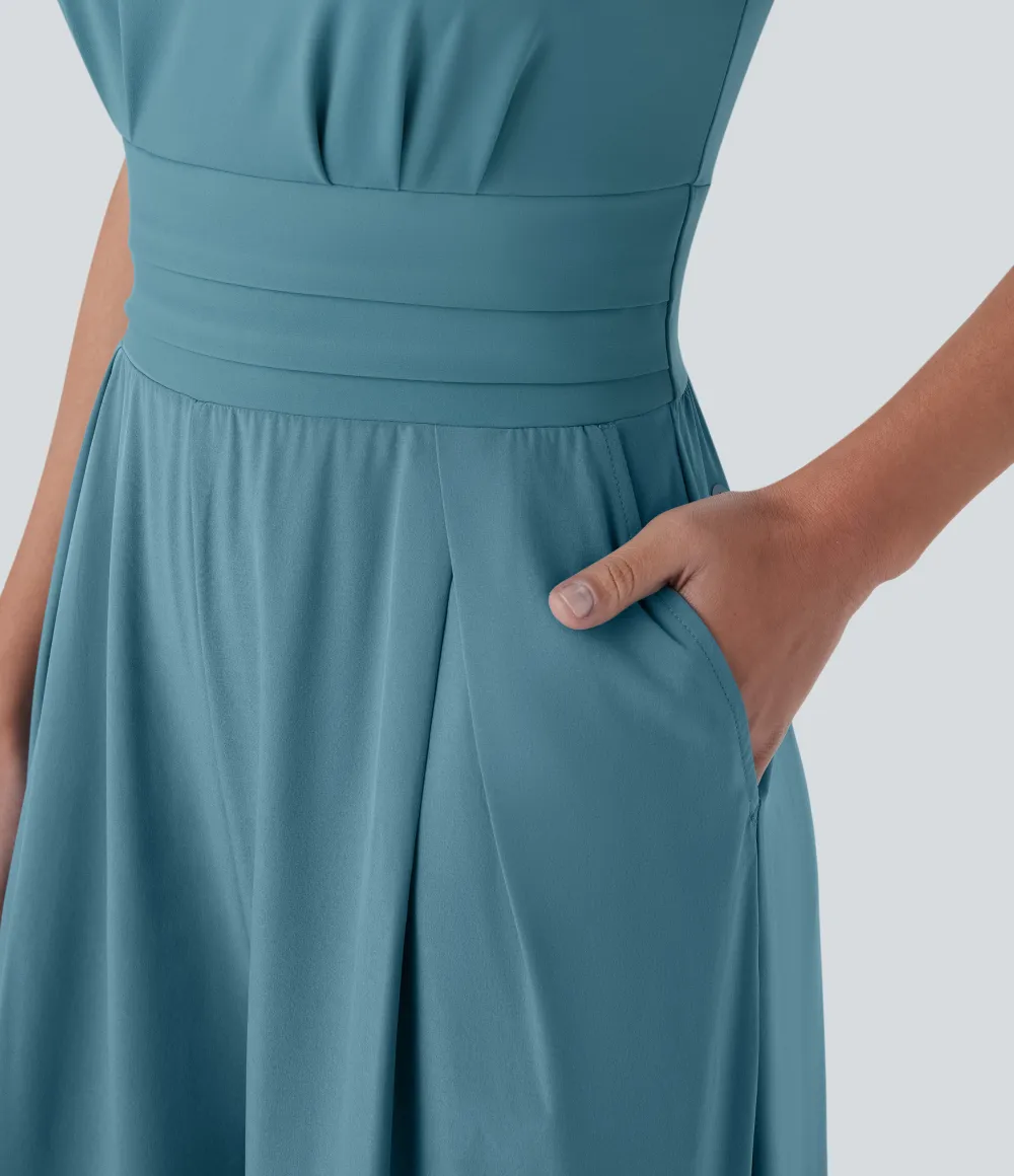Breezeful V Neck Petal Sleeve Pocket Wide Leg Flowy Quick Dry Work Jumpsuit