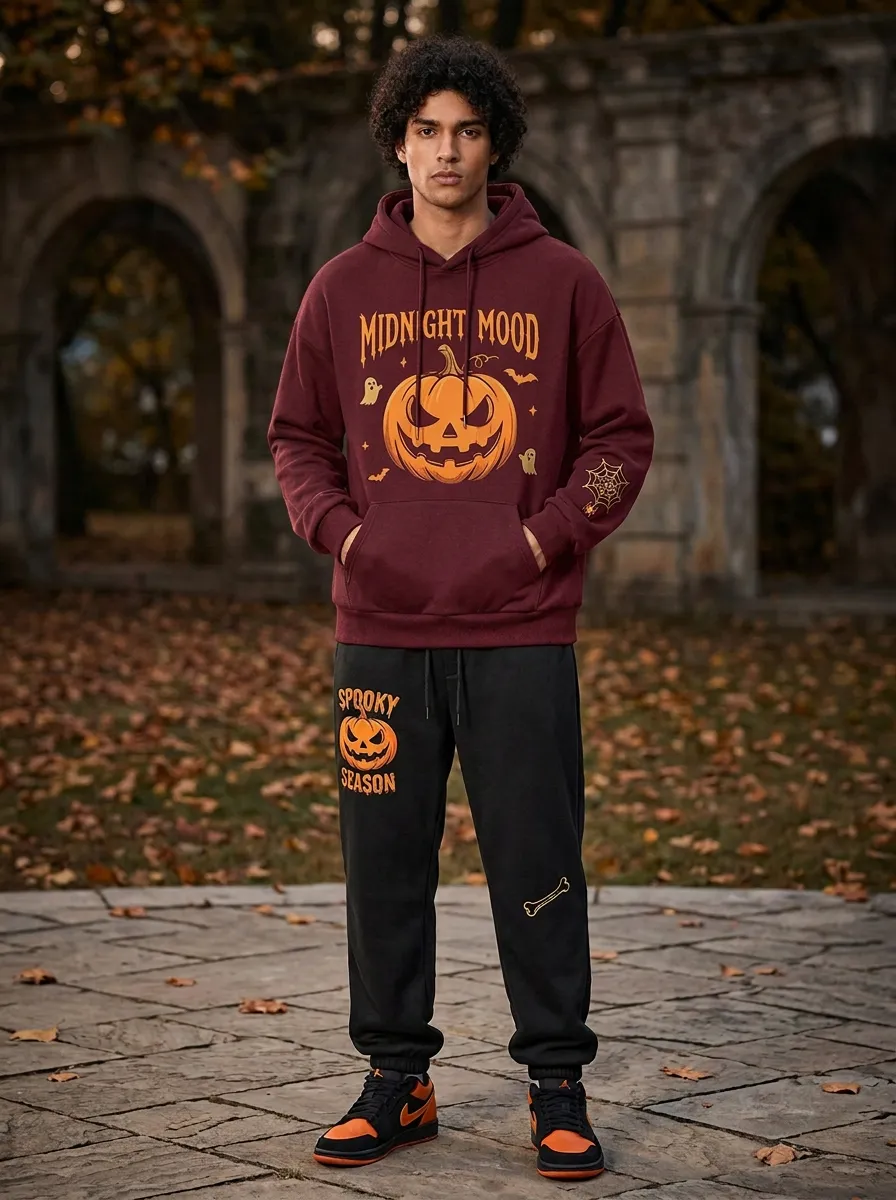 Men's Halloween Black Midnight Mood Pumpkin Spiderweb-Sleeve Hoodie Jogger Set
