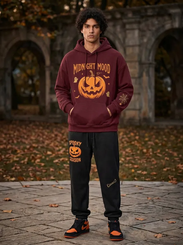 Men's Halloween Black Midnight Mood Pumpkin Spiderweb-Sleeve Hoodie Jogger Set