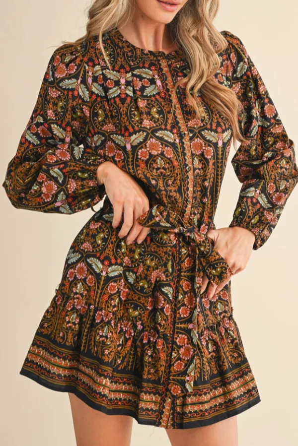Black Floral Button Down Belted Dress
