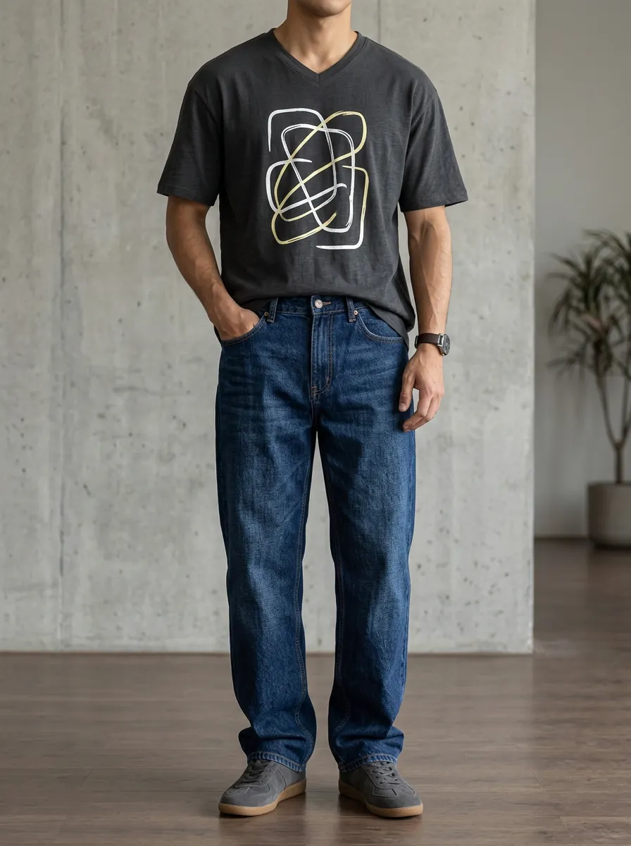 Men's Abstract Line Art Printed V-Neck T-Shirt and Jeans Set