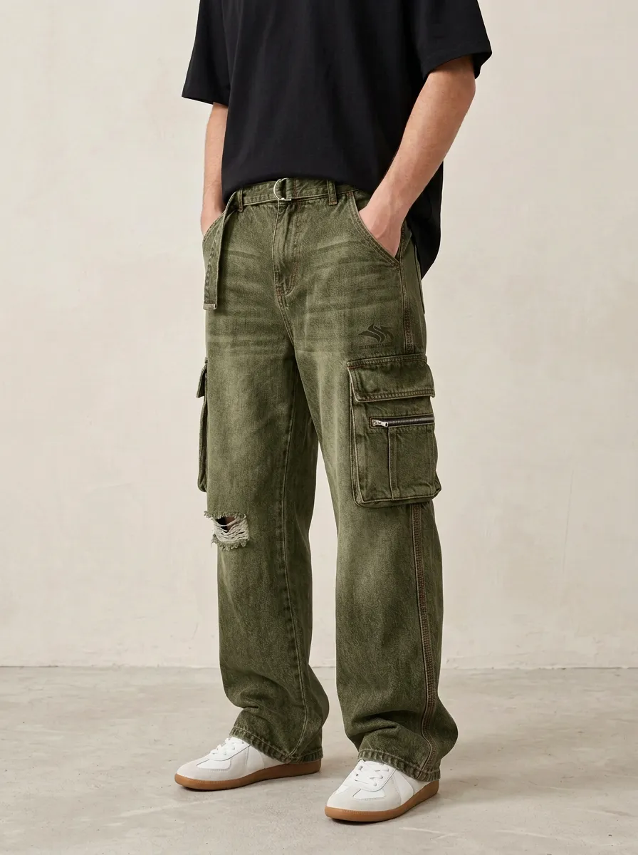 Men's Streetwear A5 Logo Distressed Washed Denim Cargo Jeans