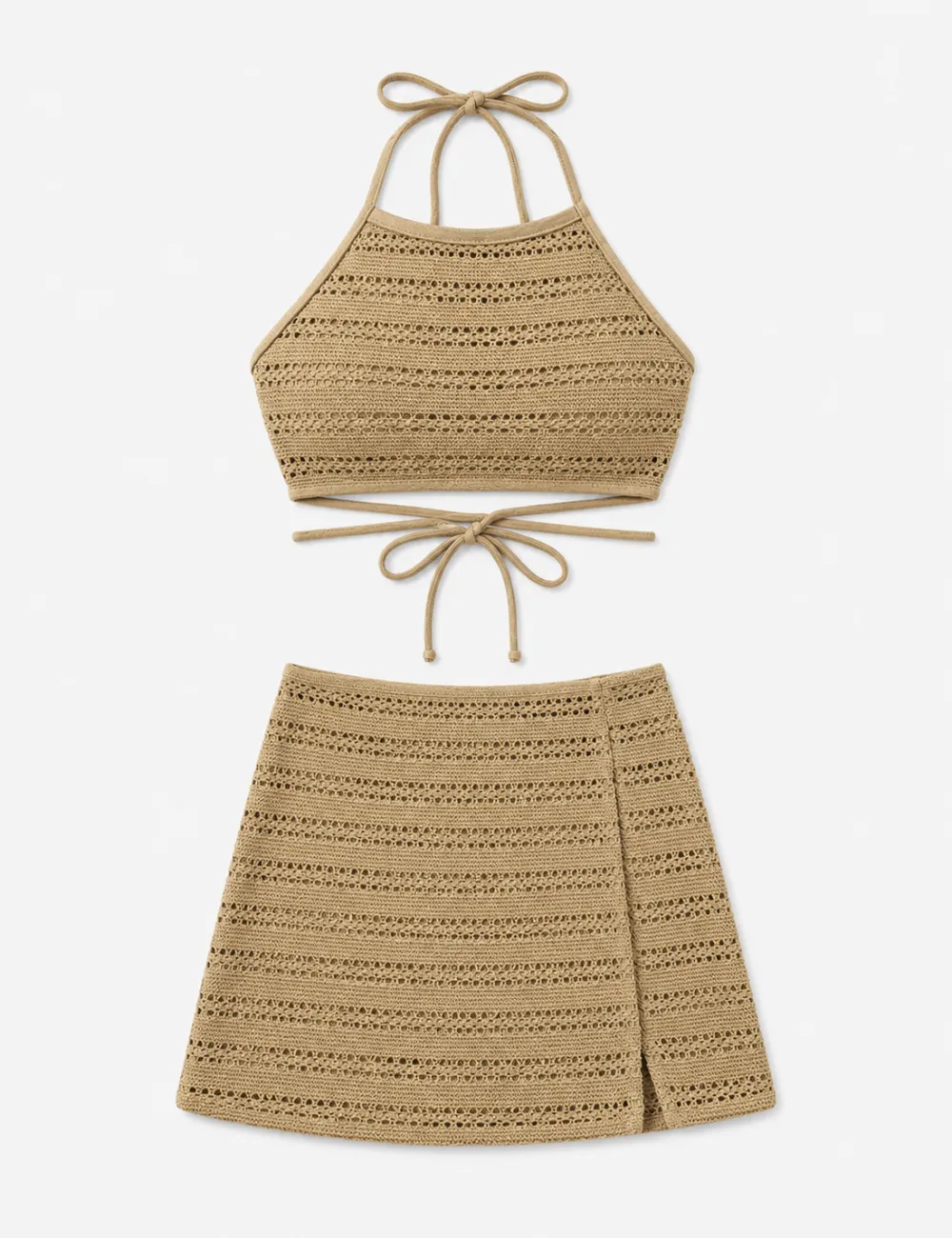 Hollow Knit Cross Back Halter Bikini Set