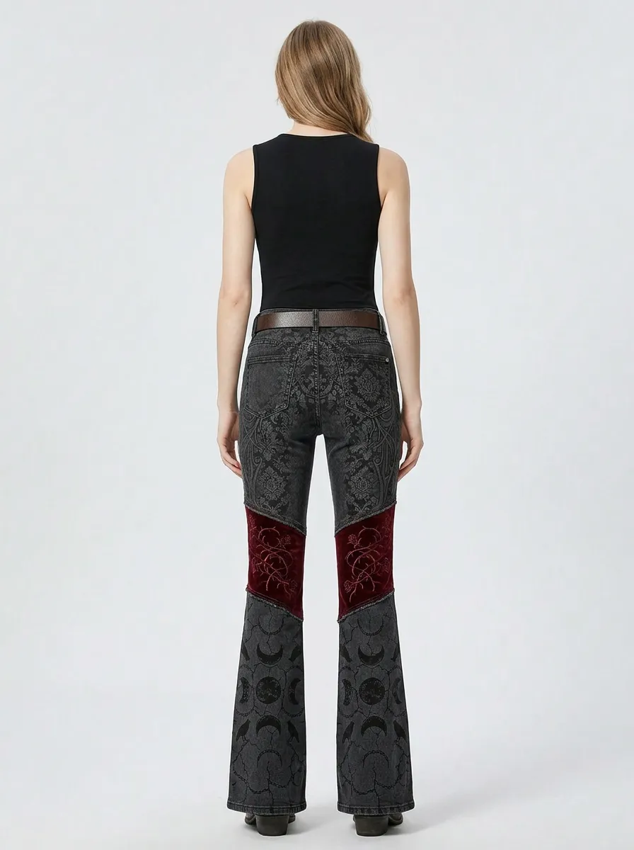 Dark Rose Moon Raven Statement Women's Gothic Flare Pants