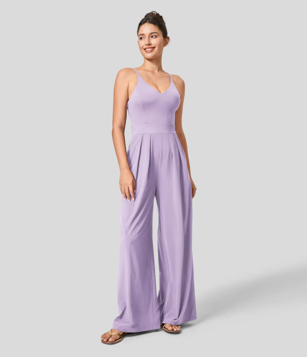 Breezeful Backless Side Invisible Zipper Pocket Wide Leg Quick Dry Resort Slip Jumpsuit