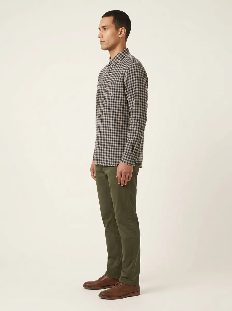 Men's Bird-Embroidered Dual-Pocket Gingham Flannel Shirt