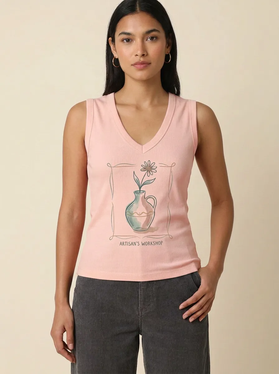 Women's Floral Vase Artisan's Workshop Graphic V-neck Tank Top
