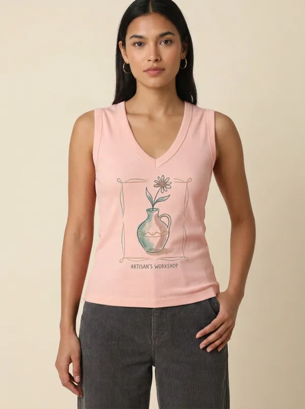 Women's Floral Vase Artisan's Workshop Graphic V-neck Tank Top