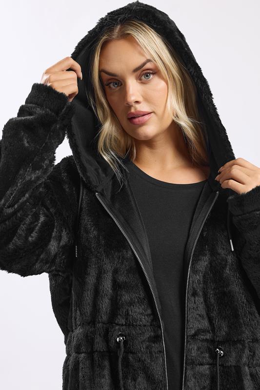 Black Faux Fur Longline Zip Hoodie detail 3
