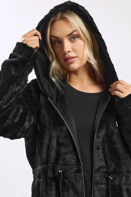 Black Faux Fur Longline Zip Hoodie