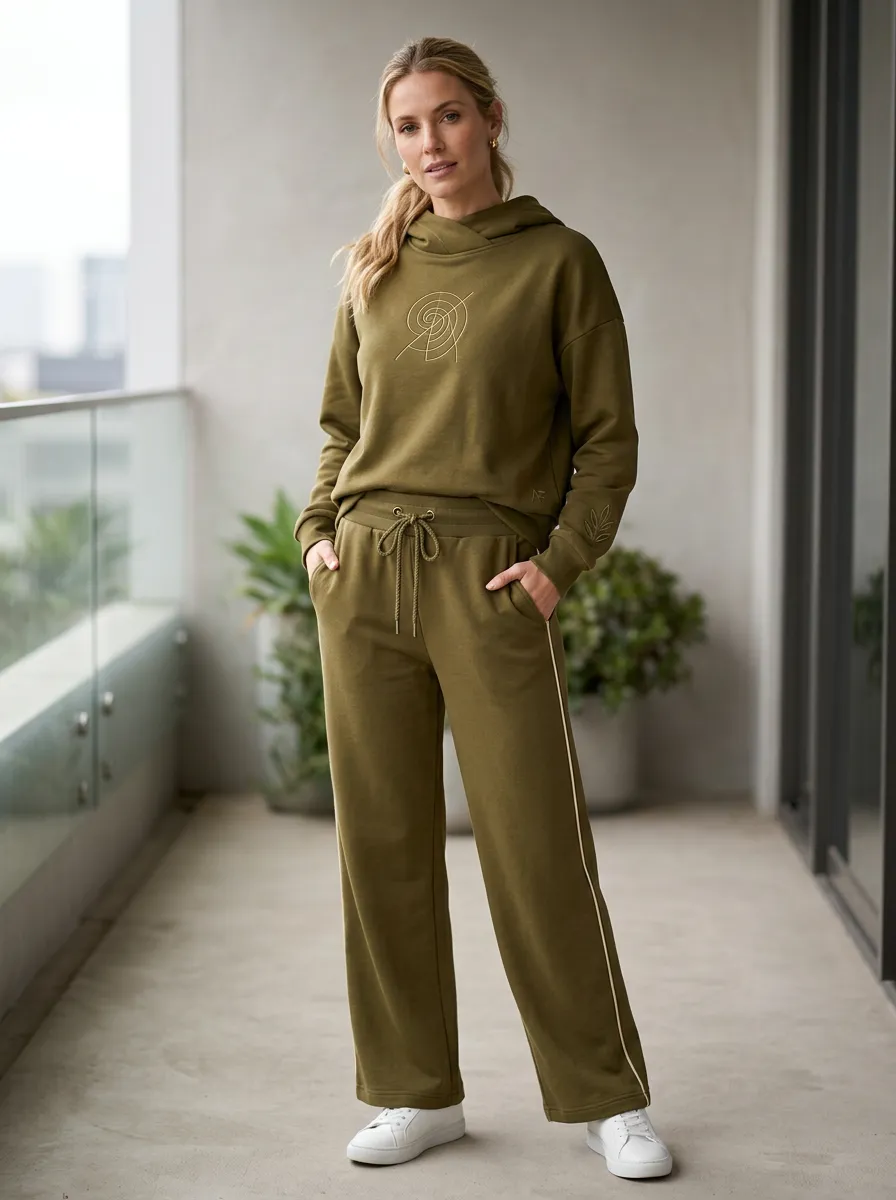 Women's Olive Green Spiral Logo Embroidered Printed Hoodie Jogger Set