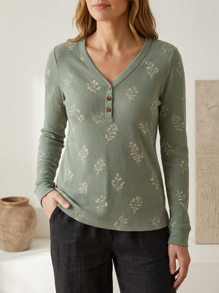 Women's Botanical Floral Printed Button V-Neck T-Shirt