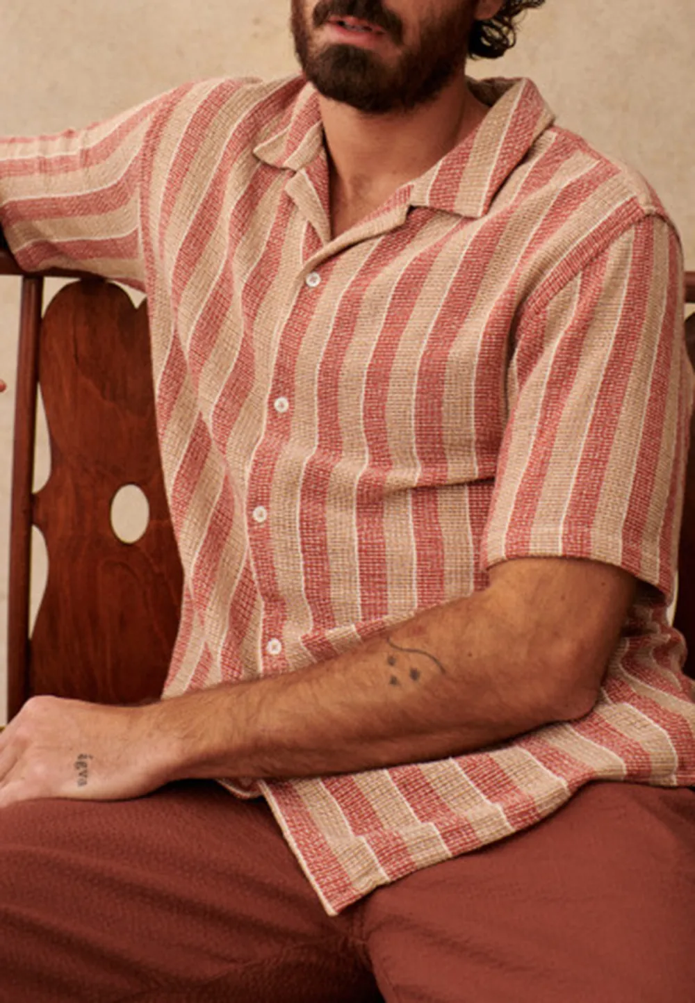Rust Beige Stripe Textured Short Sleeve Camp Shirt