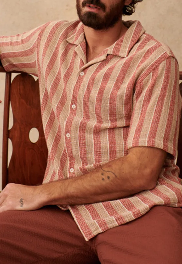 Rust Beige Stripe Textured Short Sleeve Camp Shirt