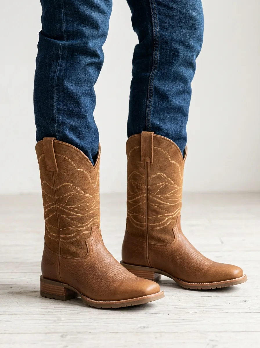 Unisex Western Cowboy Stitched Pattern Boots