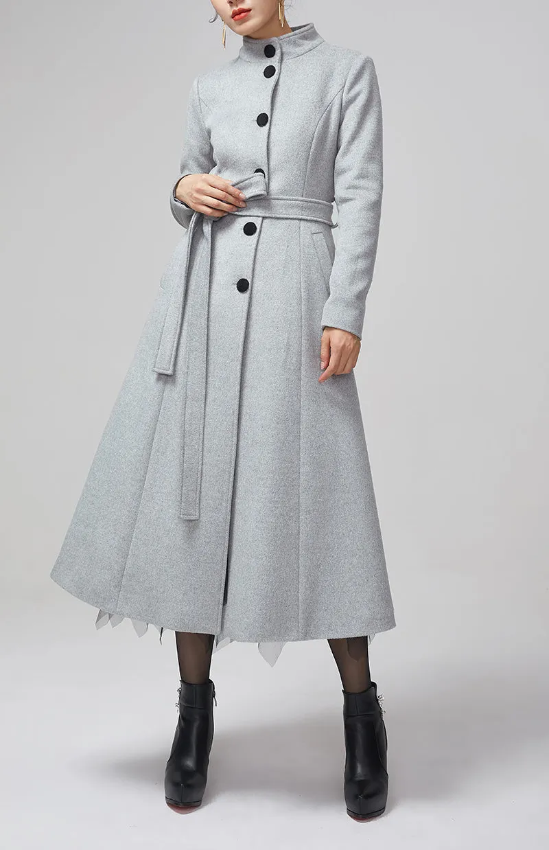 Wool Blend Fit and Flare Belted Stand Collar Pocketed Midi Coat