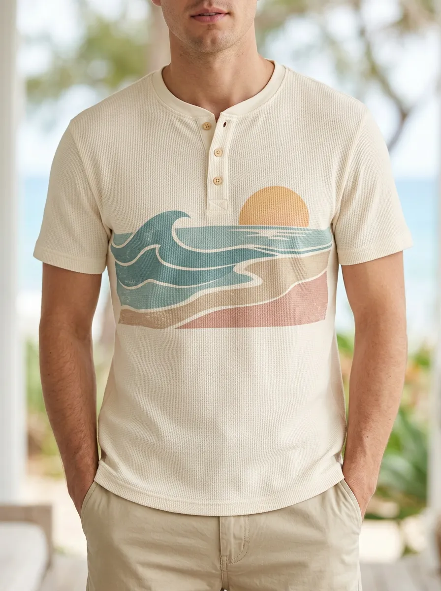 Men's Modern Beach Lover Retro Sunset Wave Henley T-Shirt