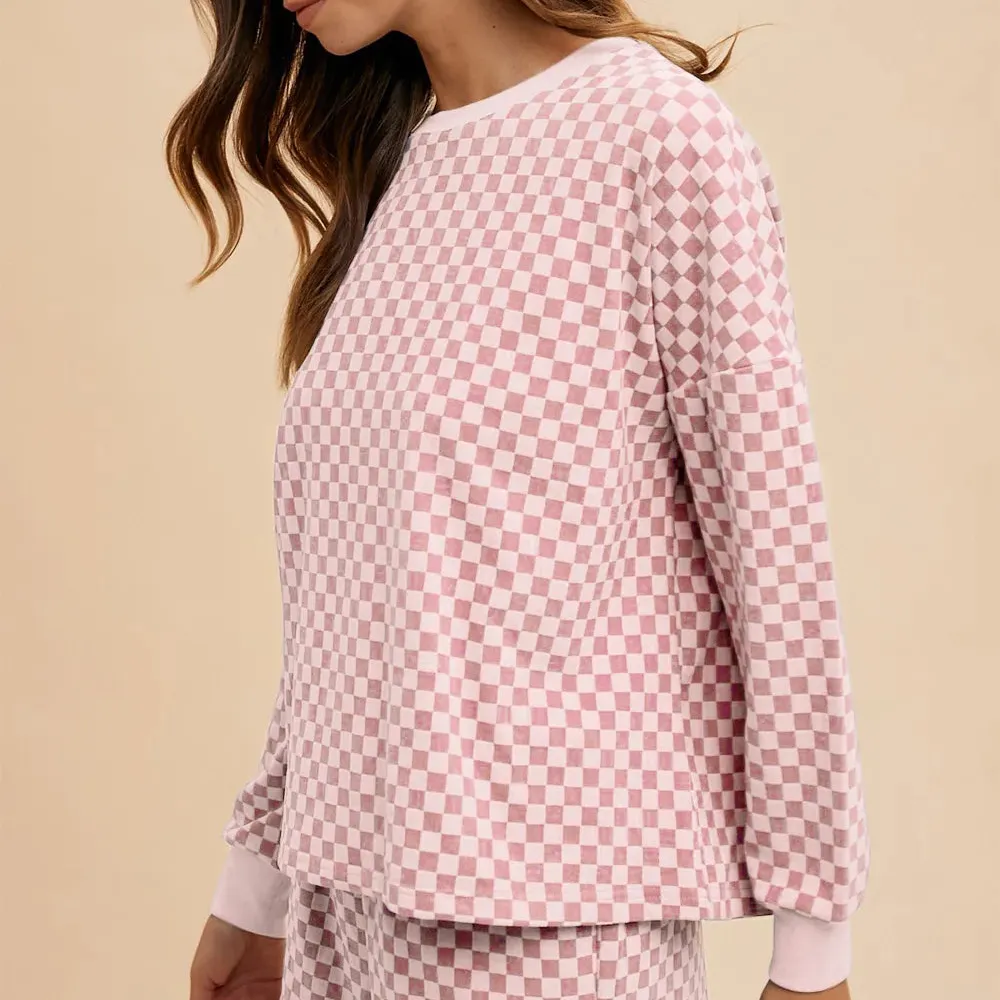 Checkered Round Neck Top and Drawstring Shorts Set