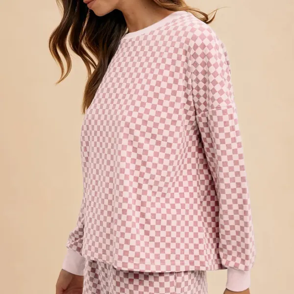 Checkered Round Neck Top and Drawstring Shorts Set