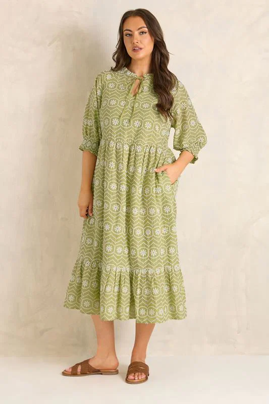 Green Tie Neck Broderie Cotton Maxi Dress detail 1