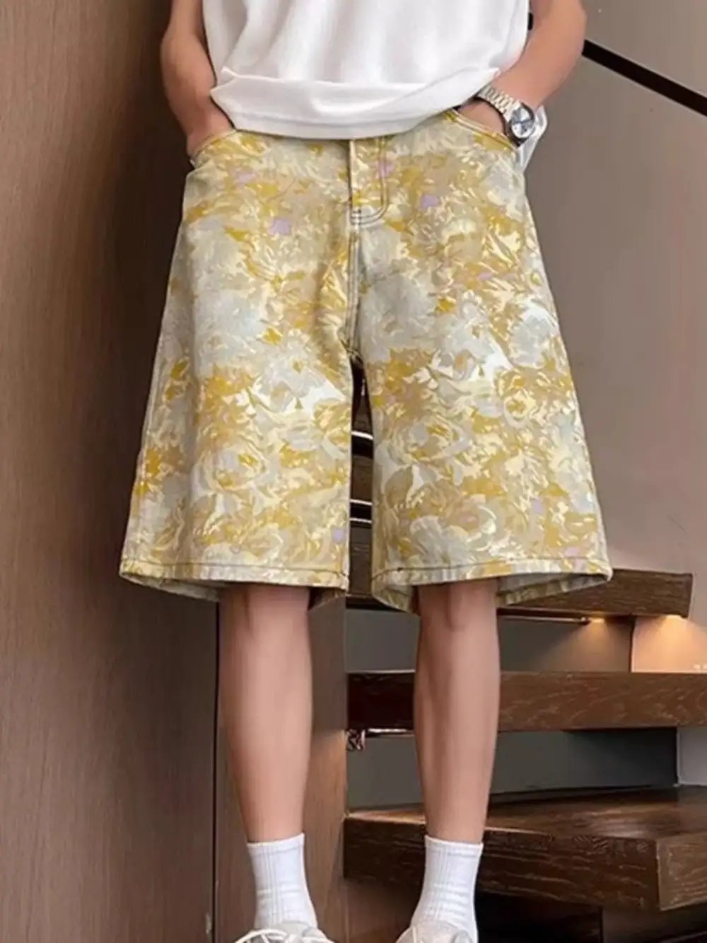 Men's Full Size Printed Wide Leg Denim Shorts