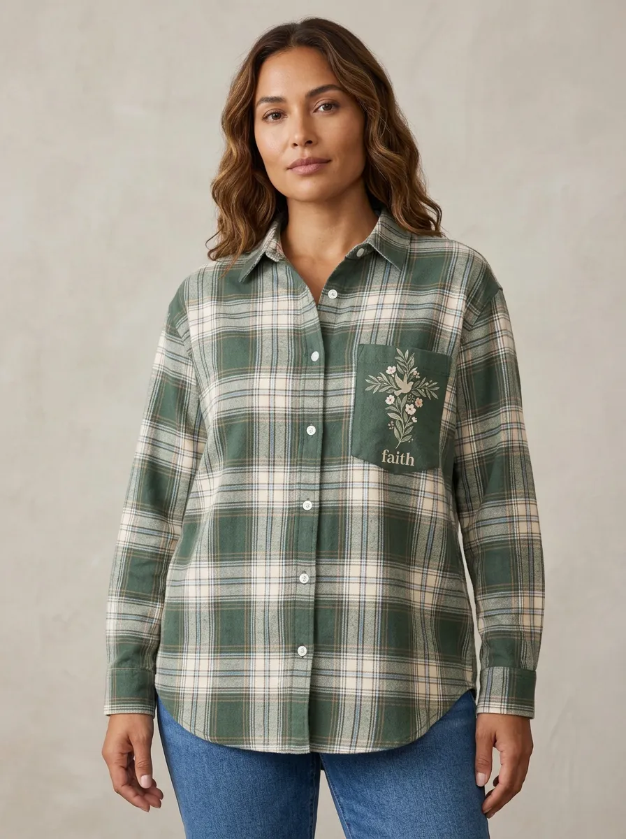 Women's Green Cream Cross Pocket Button-Down Plaid Shirt