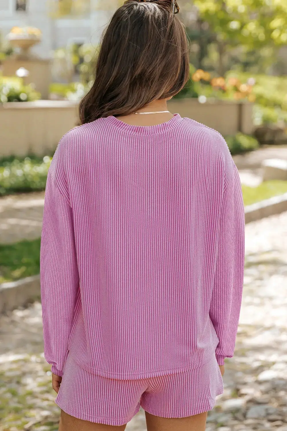 Round Neck Long Sleeve Top And Shorts Set