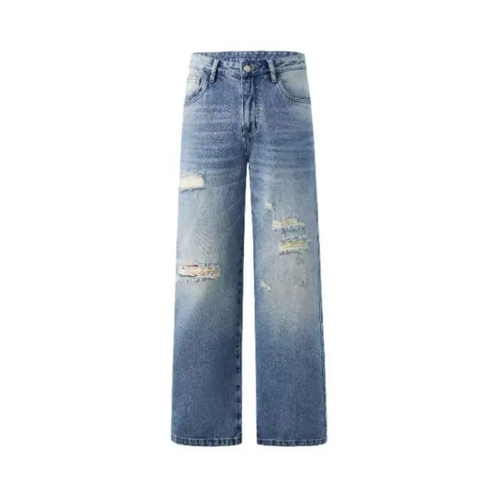 Straight Leg Distressed Ripped Denim Jeans