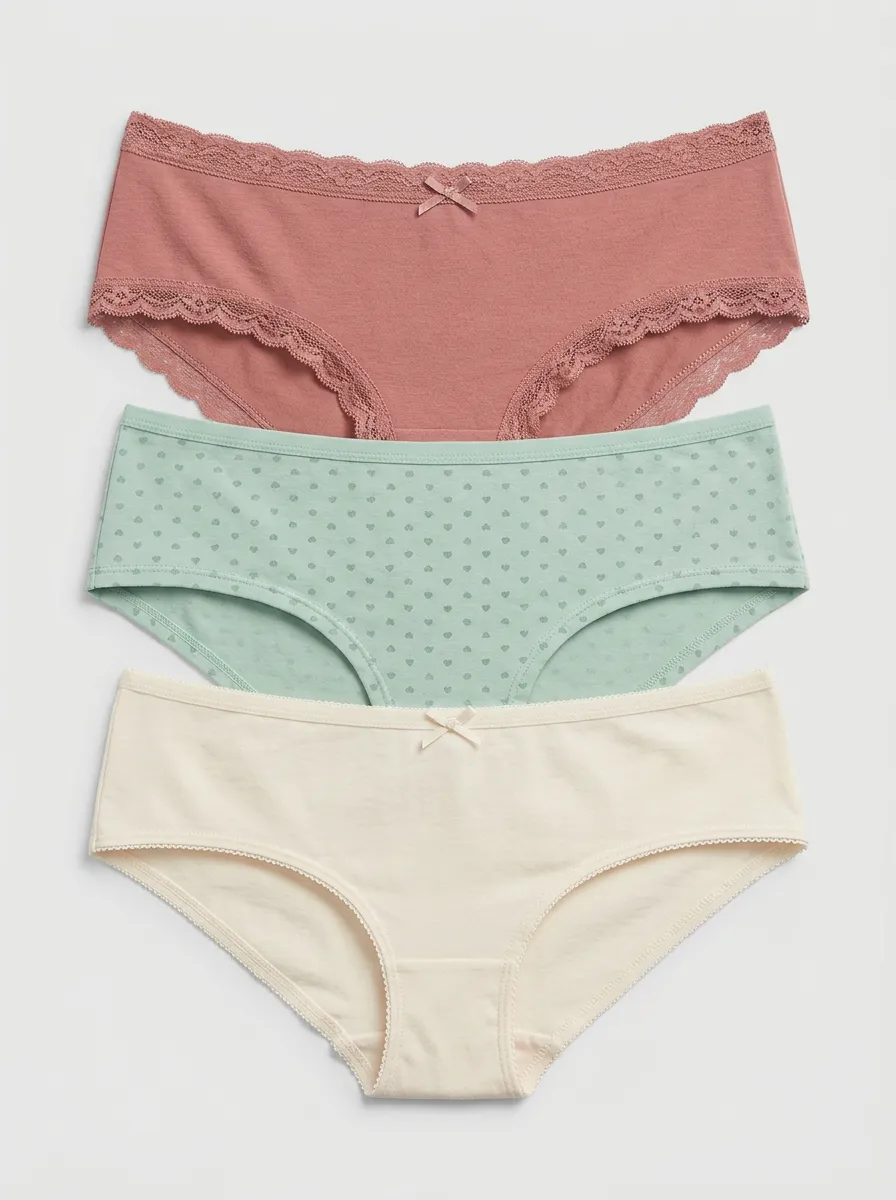 Classic Lace-Trim Heart Women's Three-Piece Panty Set