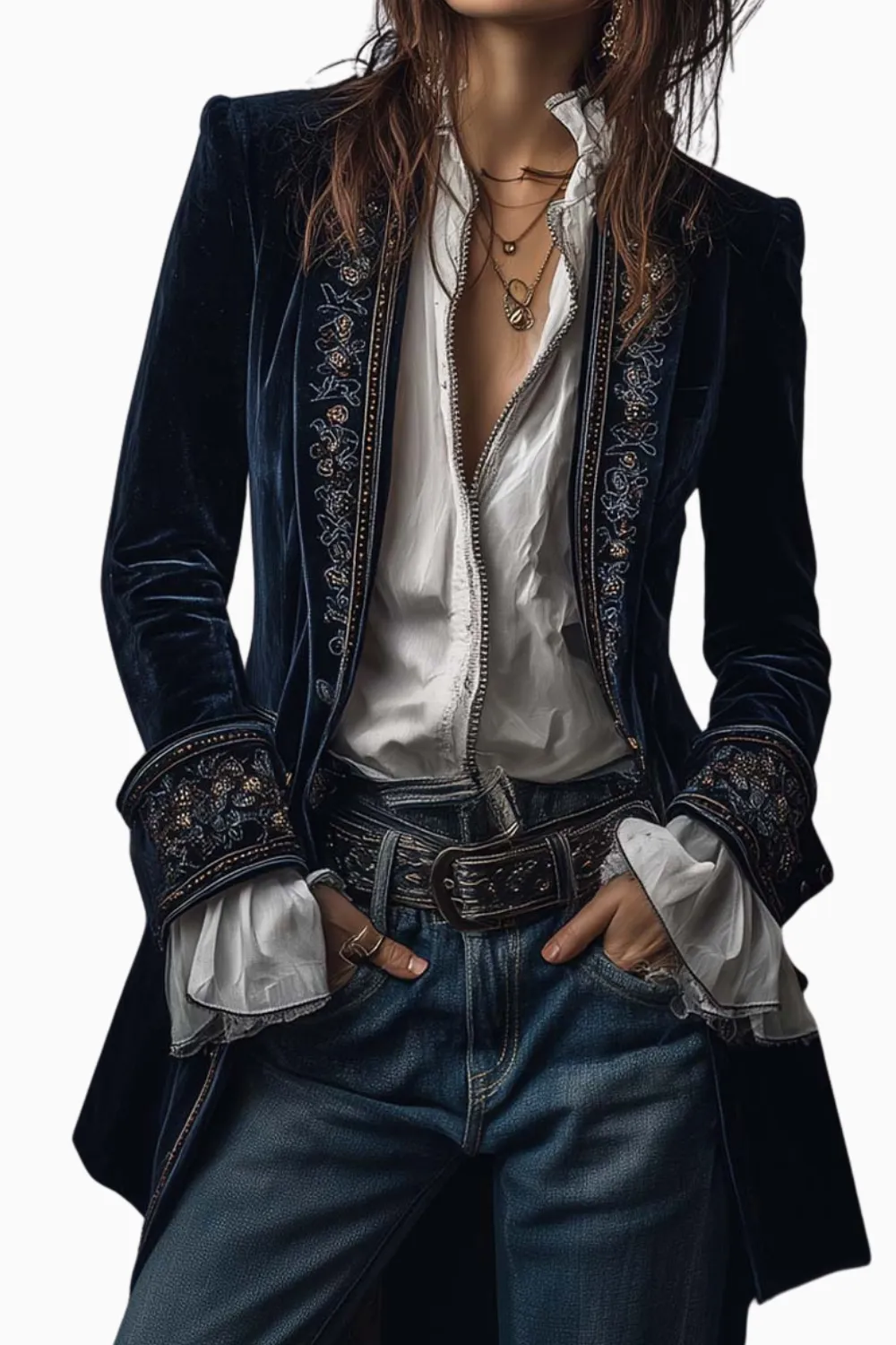 Open-Front Lapel-Collar Velvet Vintage-Inspired Tailored Jacket