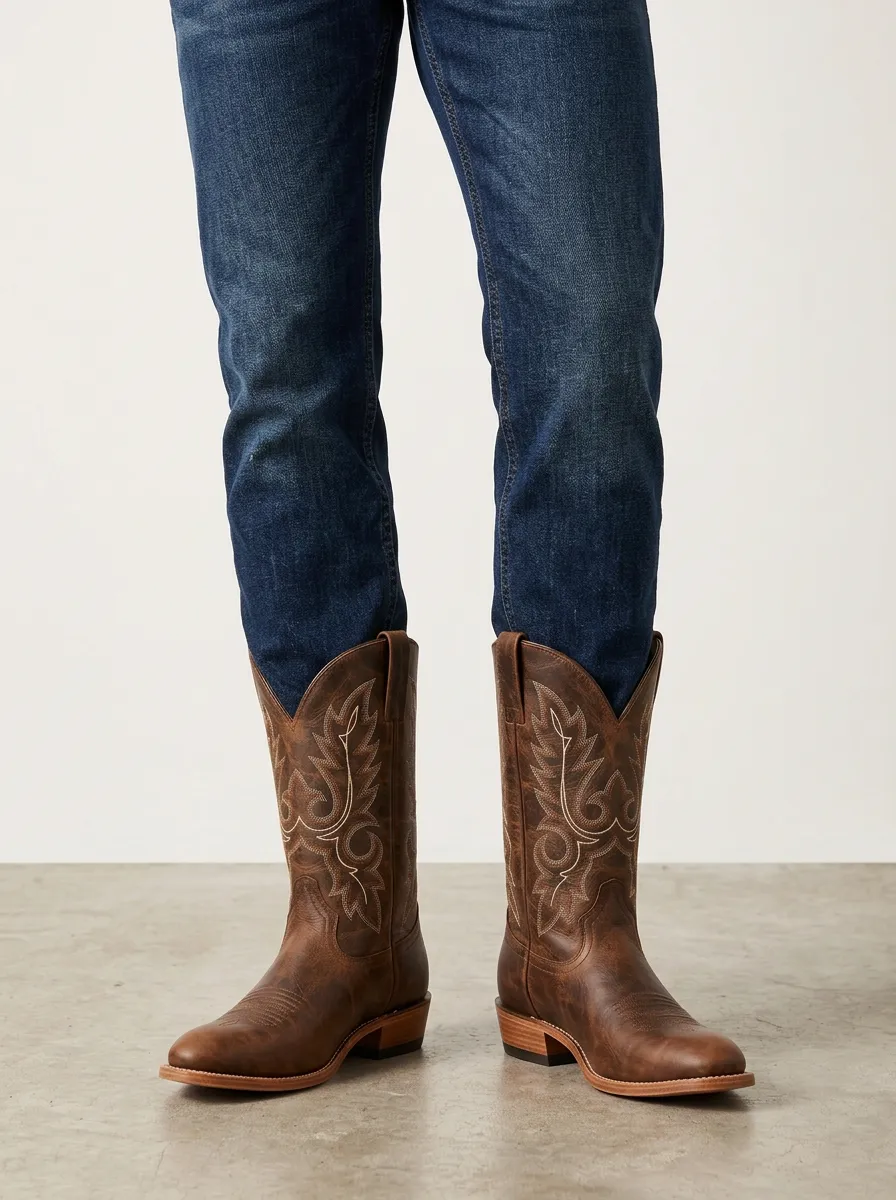 Men's Rodeo Western Embroidered Brown Leather Printed Boots