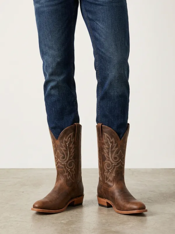 Men's Rodeo Western Embroidered Brown Leather Printed Boots