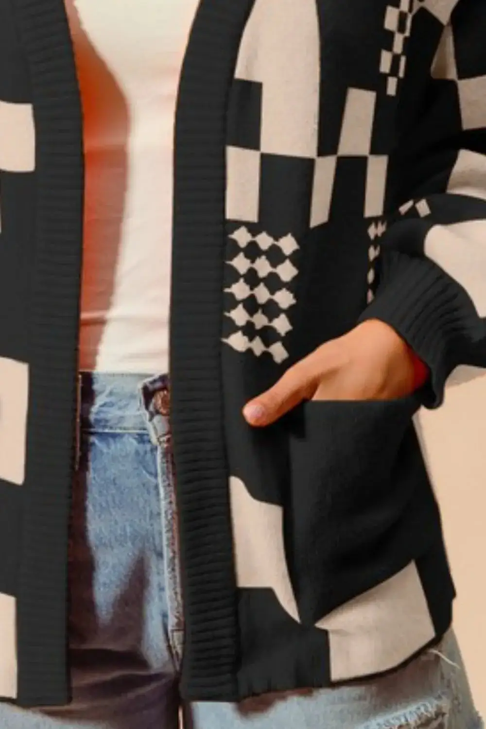 Open Front Checkered Pocket Detail Knit Cardigan