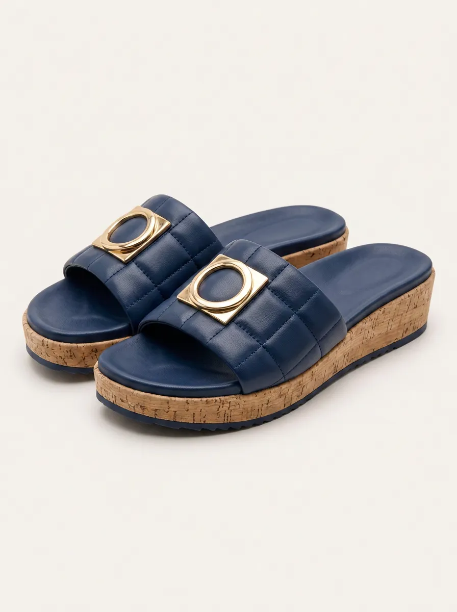 Women's Navy Quilted Gold Buckle Cork Platform Slides